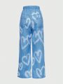 SHEIN Kids HYPEME Tween Girl Heart Print Denim Look Pants