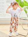 SHEIN 4pcs Infant Boys' Casual Vintage Minimalist Letter Print Outfit With Western Cowboy Elements And Printed Pants Set, Including Hat And Gloves