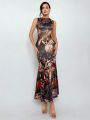 SHEIN Privé Women's Oil Painting Retro Print Long Dress With Hollow Back And Straps