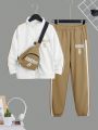 SHEIN Kids SPRTY Boys' Casual Comfortable Colorblock Zip Up Hoodie And Sweatpants Set With Matching Bag