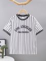 SHEIN Kids SPRTY Striped Letter Print Loose Fit Short Sleeve Sports T-Shirt With Round Neck For Tween Boys