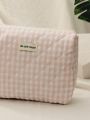 1pc Pink Plaid Pattern Large Capacity Portable Zipper Cosmetic Bag Suitable For Women's Outdoor Travel