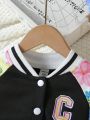 Young Girl Floral Print Raglan Sleeve Baseball Collar Letter Patched Dress