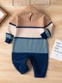 Infant Boys' Color Block Sweater Romper With Round Collar