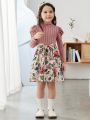 SHEIN Kids Nujoom Young Girl Floral Print Puff Sleeve Belted Dress