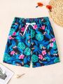 Teen Boys' Tropical Leaf Print Beach Shorts, Daddy And Me Matching Outfits (3 Pieces Are Sold Separately)