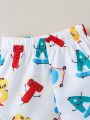 Baby Boy's All-Over Letter Printed Shirt And Shorts Set, Casual, Comfortable, Simple, Cute And Fun For Spring And Summer