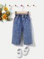 SHEIN Baby Girls' Casual, Soft, Comfortable And Loose Fit Thin Denim Jeans For Spring And Summer
