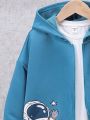 SHEIN Boys' Casual Hooded Zipper Knitted Sweatshirt With Printed Pattern