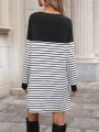 SHEIN LUNE Women'S Striped Off-Shoulder Long Sleeve Maxi Dress