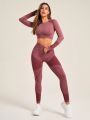 Women's Seamless Elastic Color Block Sportswear Set For Autumn And Winter
