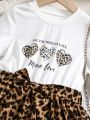 SHEIN Kids EVRYDAY Young Girl Slogan Leopard Print Vacation/cute Street Style Dress, Regular Sleeve With Small Round Neck For Summer