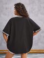 SHEIN Teen Girls' Knitted Number Pattern Casual Baseball Shirt