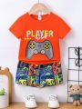 Baby Boy's Cool Video Game Print Short Sleeve Top And Shorts Set For Spring And Summer