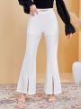SHEIN Teen Girls' Solid Color Knitted Elegant High Waist Tassel Chain Decorated Slit Flare Pants