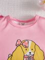 SHEIN Young Girl Cat & Dog Print Round Neck Top And Short Pants Homewear Set