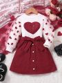 SHEIN Kids FANZEY Little Girls' Red Heart Pattern Top And Belted Skirt Sweet Ladylike 2pcs Set For Autumn/Winter