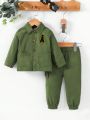 Baby Boys' Long Sleeve Shirt With Letter Embroidery And Long Pants Set