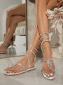 Women's Stylish Silver Rhinestone Decor Flat Sandals