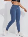 Solid Color Skinny Jeans With Slanted Pockets