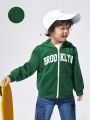 JNSQ Young Boy Letter Graphic Kangaroo Pocket Hooded Hoodie