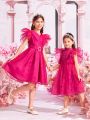SHEIN Kids Nujoom Girls 1pc Ruffle Trim Belted Organza Dress