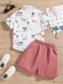 SHEIN Kids EVRYDAY Toddler Boys' Casual Flamingo Print Shirt And Shorts Set