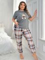 Plus Size Cute Bear & Letter Printed Top And Checkered Pants Pajama Set
