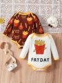 2pcs Infant Boys' Fun And Cute French Fries Printed Long Sleeved Bodysuit