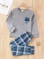 SHEIN Young Boy Loose Fit Contrast Plaid Print Casual Long Sleeve Top & Pants For Autumn