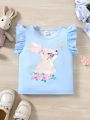 Baby Girl'S Spring/Summer Blue Cute Flower, Rabbit, And Butterfly Pattern Top