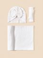 SHEIN 1pc Baby Solid Swaddling Blanket & 1pc Bow Decor Hat & 1pc Hair Band