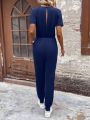 Solid Color Short Sleeve Jumpsuit With Waist Tightening Design