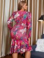 SHEIN Slayr Women's Plus Size V-neck Peplum Printed Belted Maxi Dress