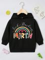 Little Girls' Casual Letter Printed Hooded Fleece Sweatshirt With Long Sleeve, Suitable For Autumn And Winter