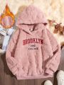Big Girls' Fuzzy Hooded Long Sleeve Sweatshirt With Letter Embroidery For Autumn & Winter