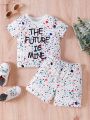 Baby Boys' Casual Cute Print Short Sleeve T-Shirt And Short Set For Summer