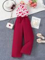 SHEIN Kids Y2Kool Fashionable Love Woven Splicing Sleeveless Halter Jumpsuit For Tween Girls