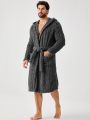 Men Pocket Patched Hooded Belted Lounge Robe