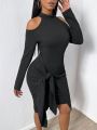 SHEIN SXY Solid Color Cutout Shoulder Twist Front Dress