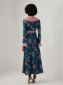 JOY & LIGHT Floral Print Contrast Collar Dress