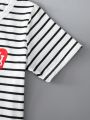 SHEIN Kids EVRYDAY Toddler Boys' Stripe Heart Pattern Short Sleeve Top And Solid Color Shorts Set