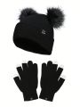 Prismatic Plum Fashion Label Double Pom Pom Knit Hat And Touch Screen Half Finger Gloves