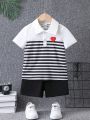 SHEIN Kids EVRYDAY Toddler Boys' Sports Style Heart Embroidery Striped Collar Short Sleeve Polo Shirt For Summer