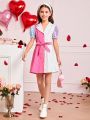 SHEIN Kids FANZEY Teen Girls' Colorblock Suit Collar Bubble Sleeve Detachable Belt Elegant Style Dress