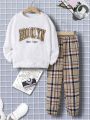 Men'S Letter Embroidered Round Neck Plush Long-Sleeved Top And Plaid Pants Two-Piece Set