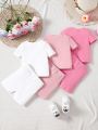 SHEIN Baby Girl'S 6pcs/Set Casual Smiling Face Pattern Short Sleeve Top, Solid Shorts And Home Wear