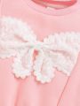 SHEIN Baby Girls' Long Sleeve Round Neck Sweatshirt With Bow Decoration