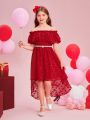 SHEIN Kids CHARMNG Girls' Woven Cut Out Off Shoulder Double Layer Ruffle Hem Irregular Dress (Each Piece Sold Separately)