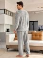 Men'S Teddy Round Neck Long Sleeve Top & Pants Homewear Set